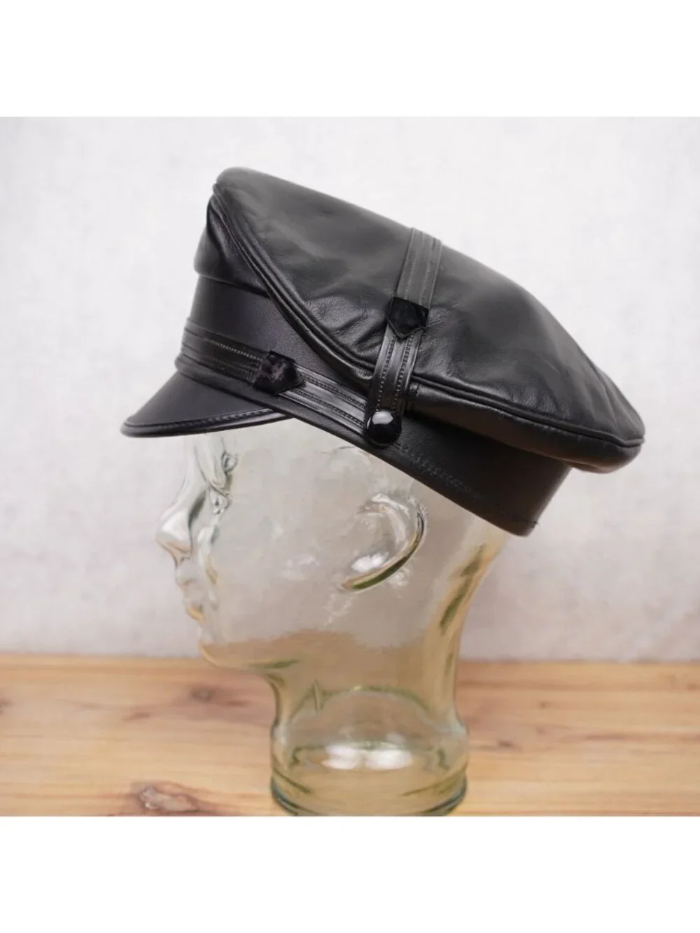 Vintage Genuine Leather Black Army Muir Biker Peakerd Police Cap Hat Union Made